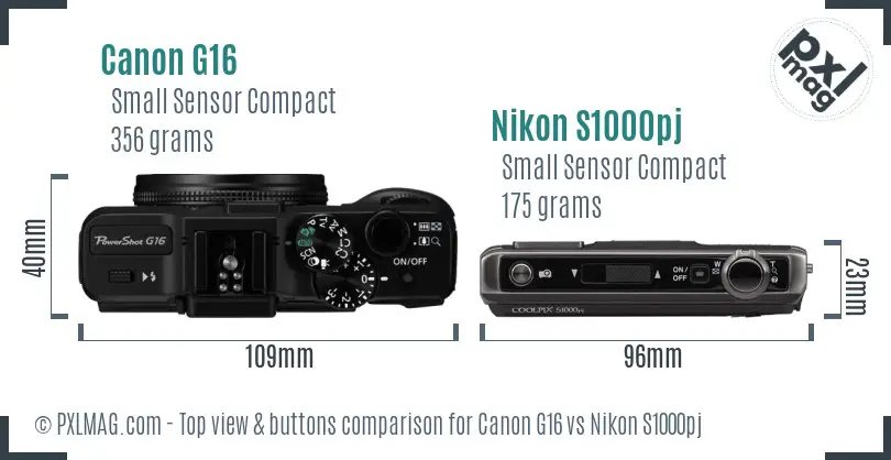 Canon G16 vs Nikon S1000pj top view buttons comparison