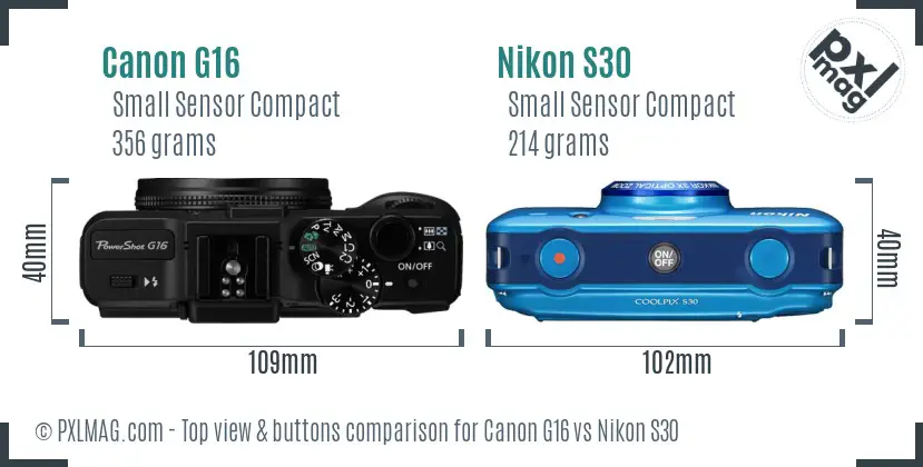 Canon G16 vs Nikon S30 top view buttons comparison