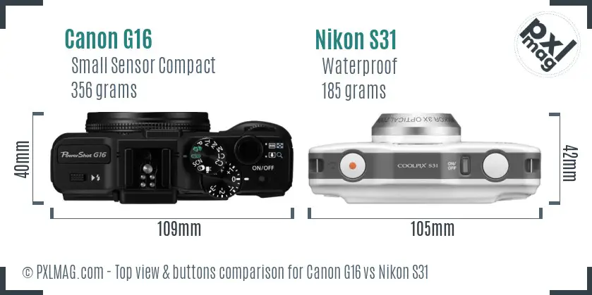 Canon G16 vs Nikon S31 top view buttons comparison Canon G16 vs Nikon S31 top view buttons comparison