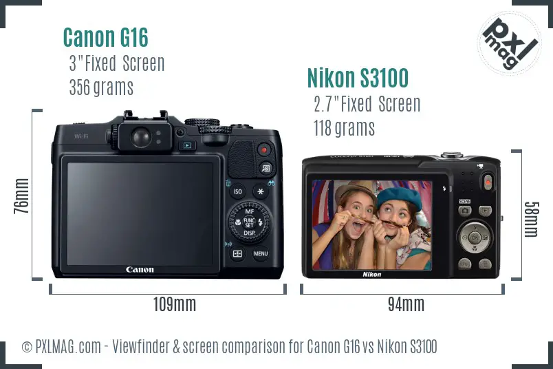 Canon G16 vs Nikon S3100 Screen and Viewfinder comparison