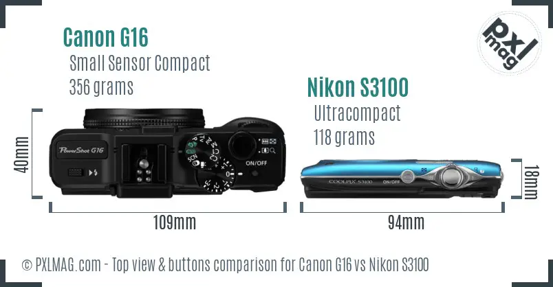 Canon G16 vs Nikon S3100 top view buttons comparison