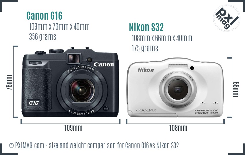 Canon G16 vs Nikon S32 size comparison