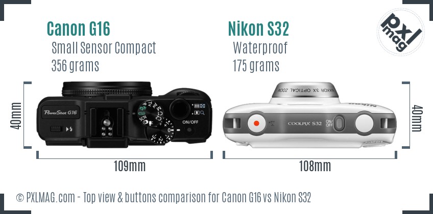 Canon G16 vs Nikon S32 top view buttons comparison