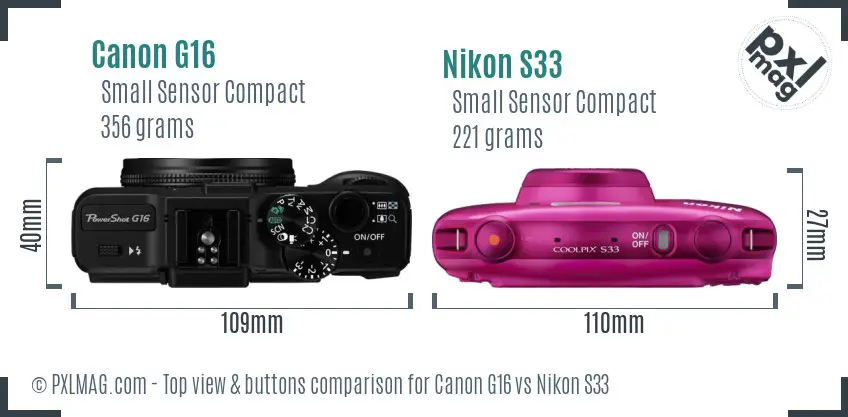 Canon G16 vs Nikon S33 top view buttons comparison
