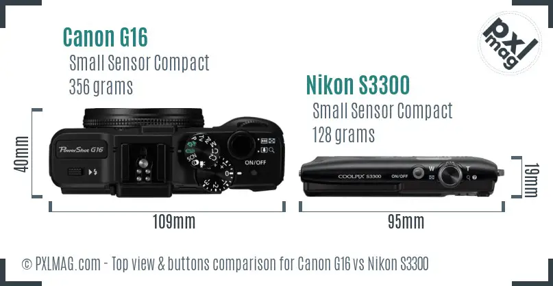 Canon G16 vs Nikon S3300 top view buttons comparison