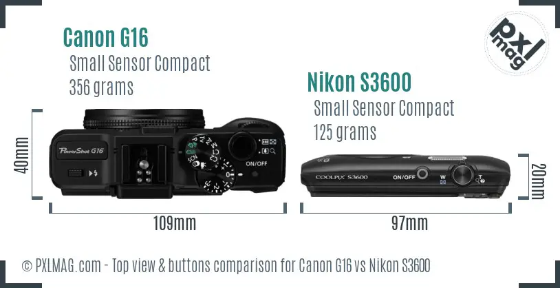Canon G16 vs Nikon S3600 top view buttons comparison