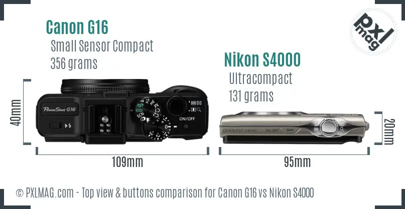 Canon G16 vs Nikon S4000 top view buttons comparison
