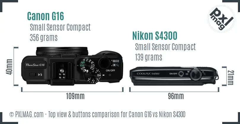 Canon G16 vs Nikon S4300 top view buttons comparison