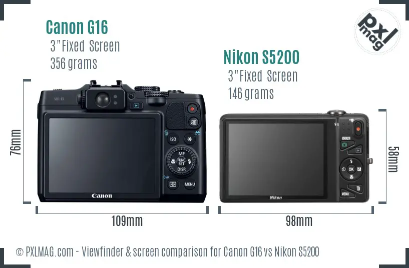 Canon G16 vs Nikon S5200 Screen and Viewfinder comparison