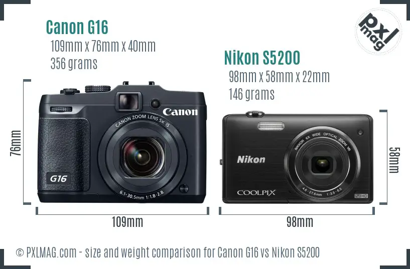 Canon G16 vs Nikon S5200 size comparison