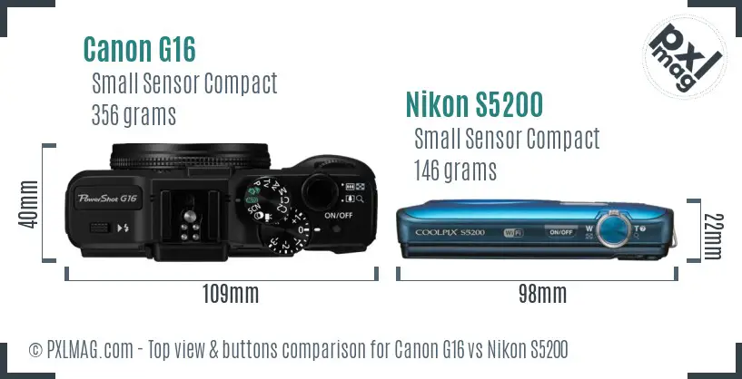Canon G16 vs Nikon S5200 top view buttons comparison