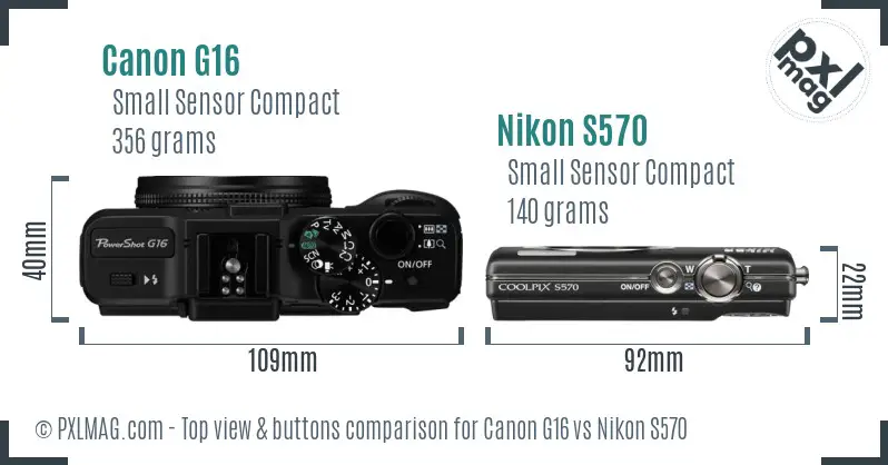 Canon G16 vs Nikon S570 top view buttons comparison