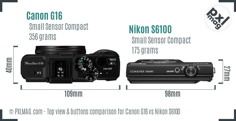 Canon G16 vs Nikon S6100 top view buttons comparison