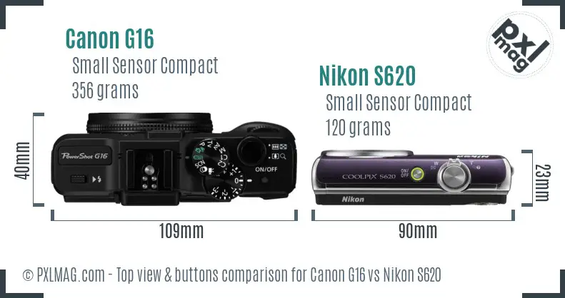 Canon G16 vs Nikon S620 top view buttons comparison