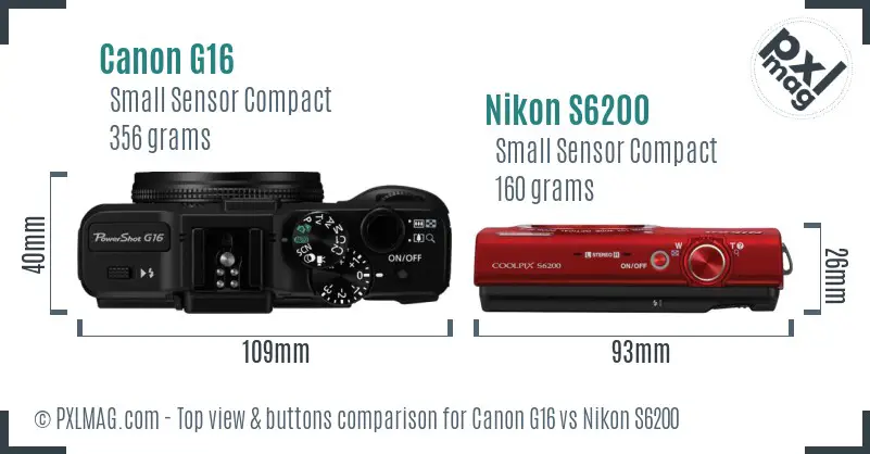 Canon G16 vs Nikon S6200 top view buttons comparison