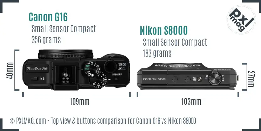 Canon G16 vs Nikon S8000 top view buttons comparison