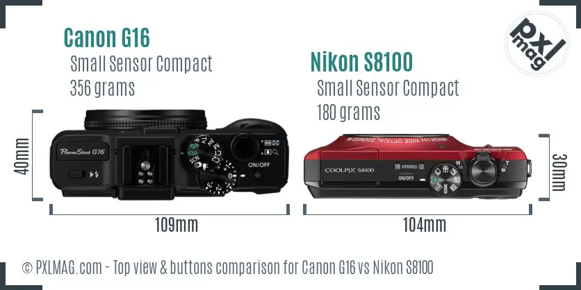 Canon G16 vs Nikon S8100 top view buttons comparison