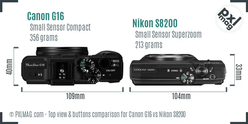 Canon G16 vs Nikon S8200 top view buttons comparison