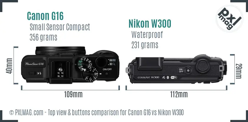Canon G16 vs Nikon W300 top view buttons comparison