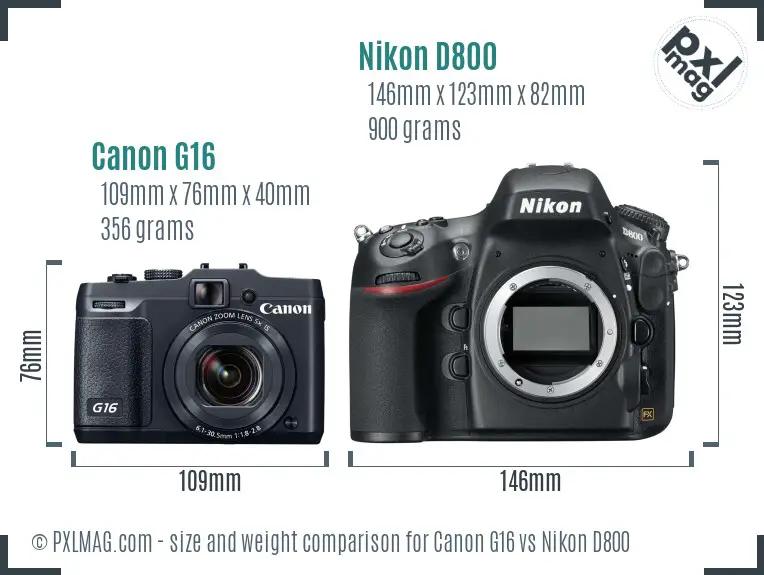 Canon G16 vs Nikon D800 size comparison