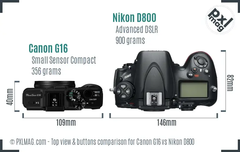 Canon G16 vs Nikon D800 top view buttons comparison