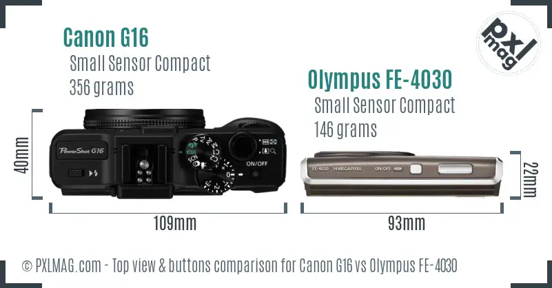 Canon G16 vs Olympus FE-4030 top view buttons comparison