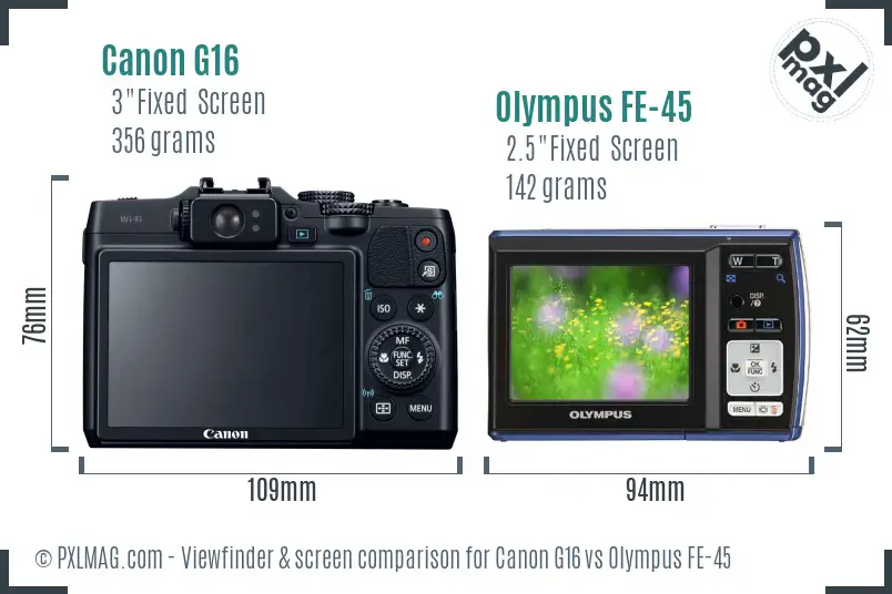 Canon G16 vs Olympus FE-45 Screen and Viewfinder comparison