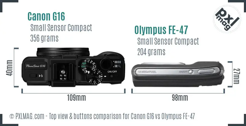 Canon G16 vs Olympus FE-47 top view buttons comparison