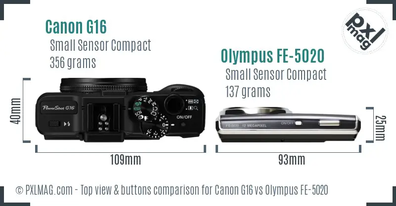 Canon G16 vs Olympus FE-5020 top view buttons comparison