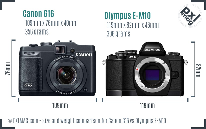 Canon G16 vs Olympus E-M10 size comparison