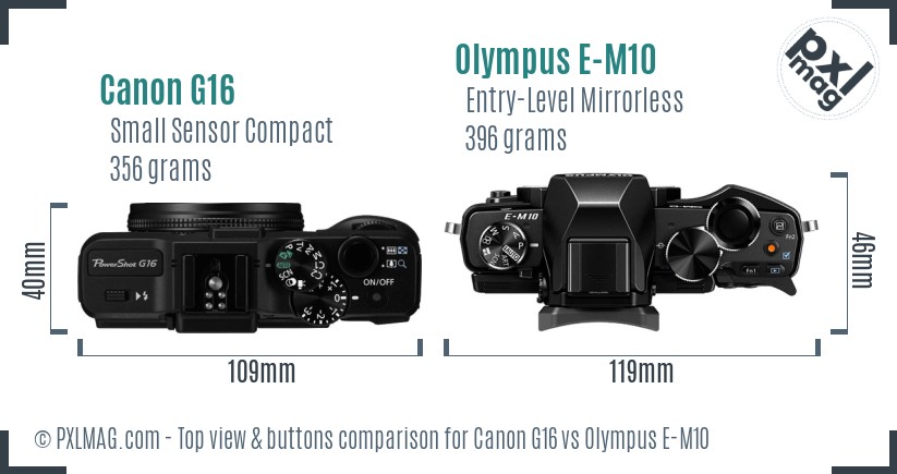 Canon G16 vs Olympus E-M10 top view buttons comparison