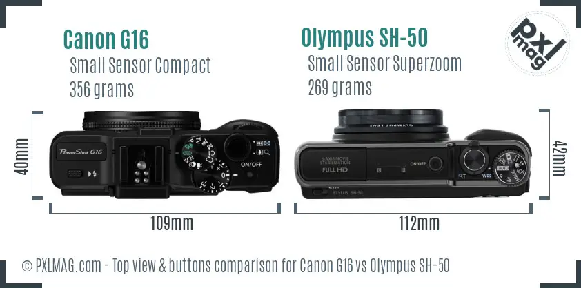 Canon G16 vs Olympus SH-50 top view buttons comparison Canon G16 vs Olympus SH-50 top view buttons comparison
