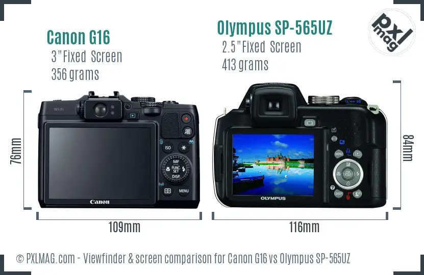 Canon G16 vs Olympus SP-565UZ Screen and Viewfinder comparison