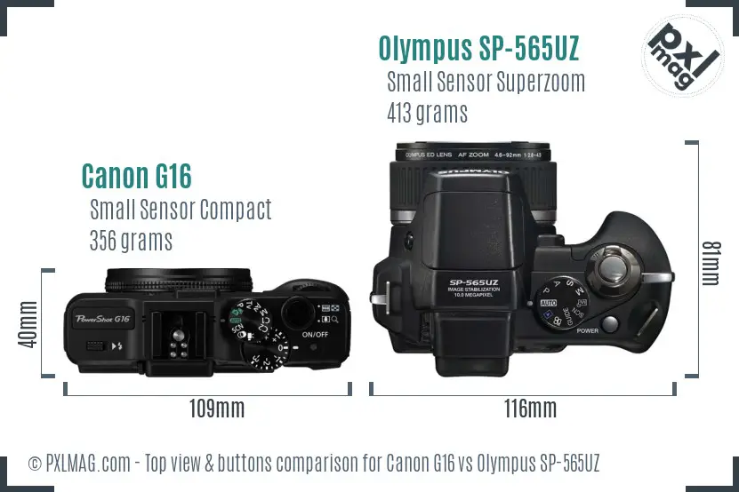 Canon G16 vs Olympus SP-565UZ top view buttons comparison