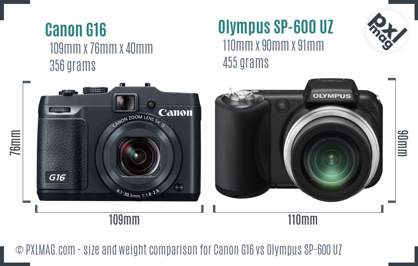 Canon G16 vs Olympus SP-600 UZ size comparison Canon G16 vs Olympus SP-600 UZ size comparison