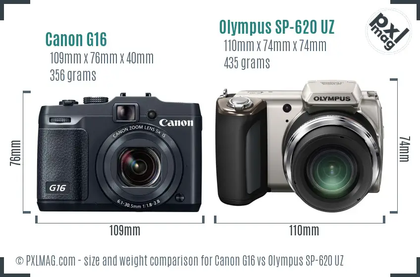 Canon G16 vs Olympus SP-620 UZ size comparison Canon G16 vs Olympus SP-620 UZ size comparison