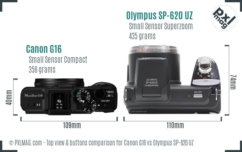 Canon G16 vs Olympus SP-620 UZ top view buttons comparison Canon G16 vs Olympus SP-620 UZ top view buttons comparison