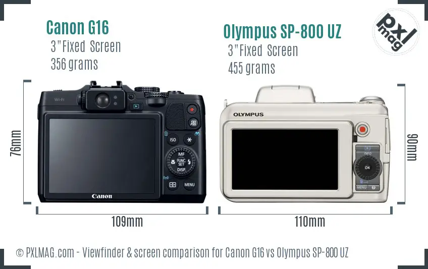 Canon G16 vs Olympus SP-800 UZ Screen and Viewfinder comparison