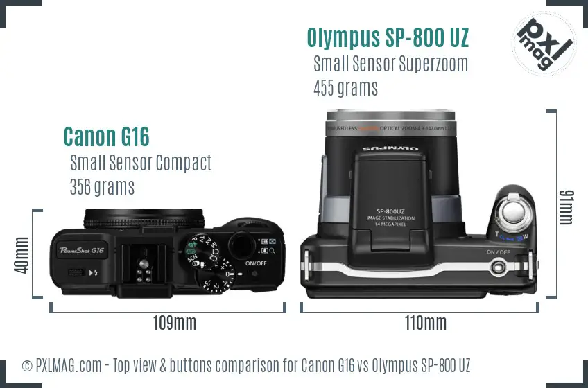 Canon G16 vs Olympus SP-800 UZ top view buttons comparison