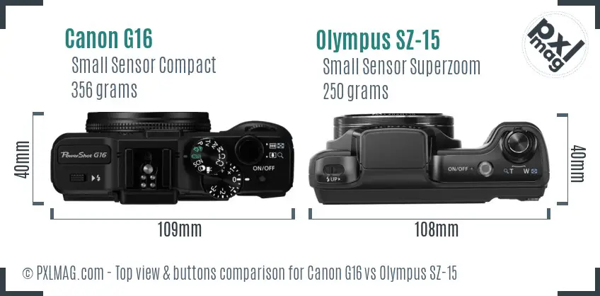 Canon G16 vs Olympus SZ-15 top view buttons comparison Canon G16 vs Olympus SZ-15 top view buttons comparison