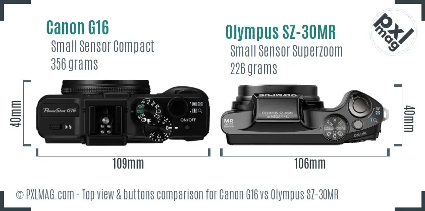 Canon G16 vs Olympus SZ-30MR top view buttons comparison