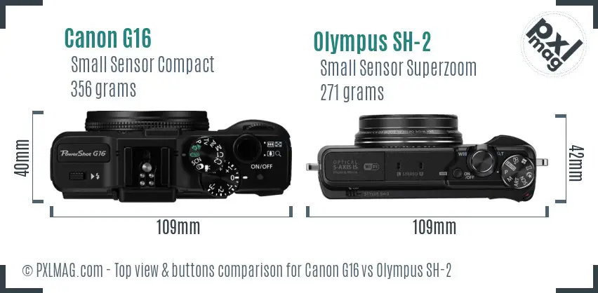 Canon G16 vs Olympus SH-2 top view buttons comparison Canon G16 vs Olympus SH-2 top view buttons comparison