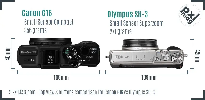 Canon G16 vs Olympus SH-3 top view buttons comparison Canon G16 vs Olympus SH-3 top view buttons comparison