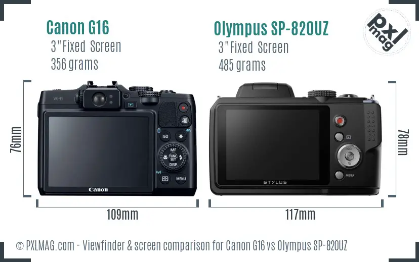 Canon G16 vs Olympus SP-820UZ Screen and Viewfinder comparison