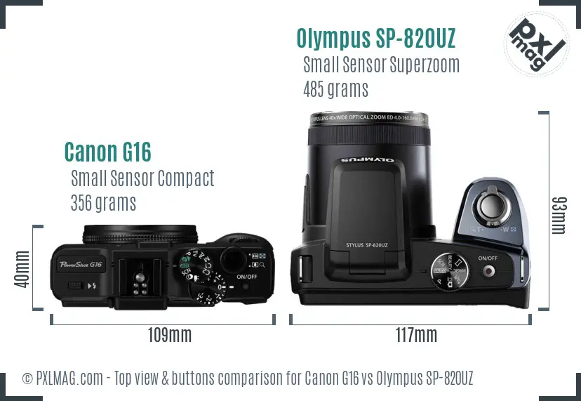 Canon G16 vs Olympus SP-820UZ top view buttons comparison