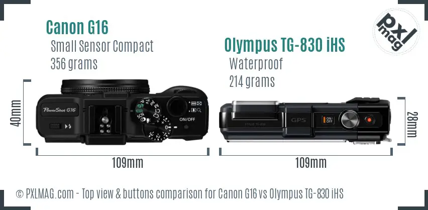 Canon G16 vs Olympus TG-830 iHS top view buttons comparison Canon G16 vs Olympus TG-830 iHS top view buttons comparison
