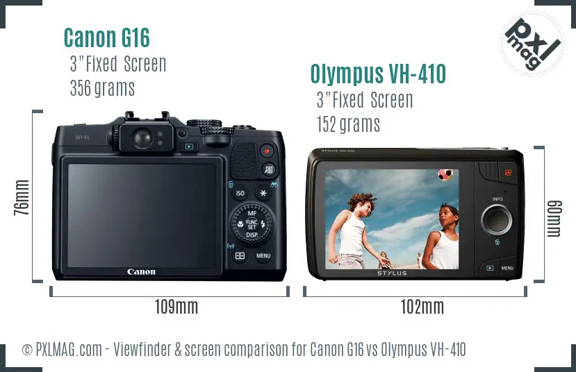 Canon G16 vs Olympus VH-410 Screen and Viewfinder comparison