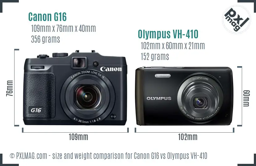 Canon G16 vs Olympus VH-410 size comparison