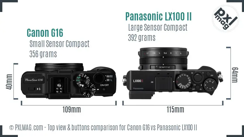 Canon G16 vs Panasonic LX100 II top view buttons comparison Canon G16 vs Panasonic LX100 II top view buttons comparison