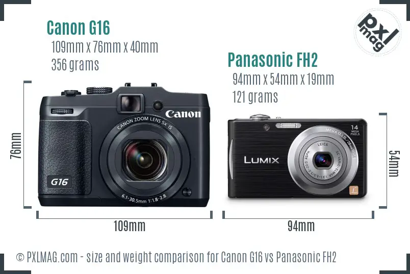Canon G16 vs Panasonic FH2 size comparison